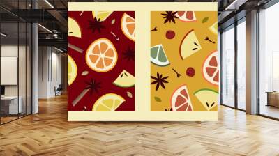 Christmas mulled wine with citrus fruit, apple, cinnamon, clove, cardamom, anise. Red and white wine, sangria, apple cider. Winter hot drink. Traditional xmas beverage. Vector cartoon seamless pattern Wall mural