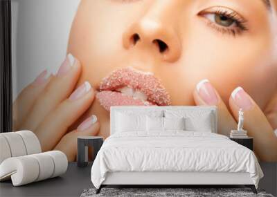 Close up photo beautiful model face with smooth healthy skin, Lip Scrub. Lips of Beautiful young Woman covered with Sugar, Closeup      Wall mural