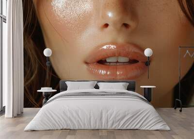 Close up view of beautiful woman glossy lips and smooth skin, macro shot of a beauty's bottom face Wall mural