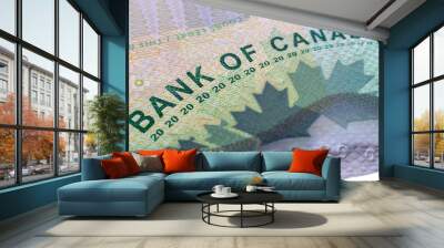 Closeup macro Bank of Canada words on a green 20 dollar Canadian money bill Wall mural