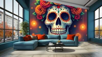 Colorful sugar skull adorned with roses and glowing lights for celebration.  El Día de Muertos Wall mural