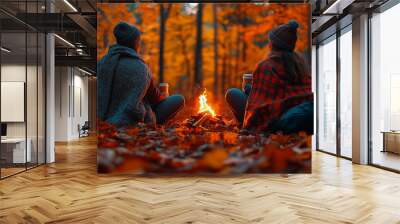 Cozy autumn campfire with two people sitting, wrapped in blankets, holding warm drinks in a vibrant forest Wall mural