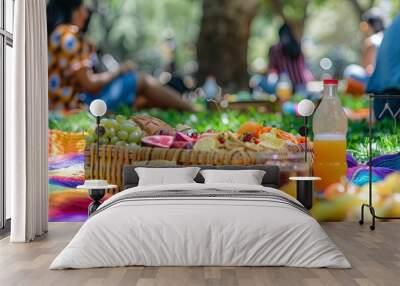 Outdoor picnic scene with a colorful spread of food and drinks Wall mural