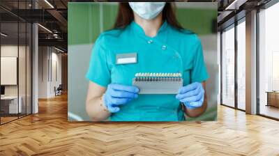 dentist holding in hands matching the shades or color of the implants or the process of teeth whitening. Wall mural