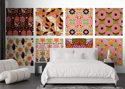 Seamless Pattern groovy boho collection 70s wall art flowers hippie kawaii  Wall mural