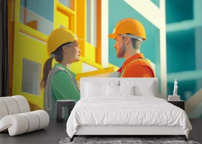 engineer concept The female worker who wears light green and grey striped uniform and the male worker who wears orange and yellow striped uniform measuring the components of the building . Wall mural