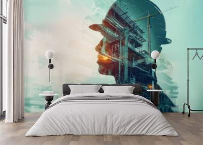 future building construction engineering project concept with double exposure graphic design Building engineer, architect people or construction worker working with modern civil equipment technology Wall mural