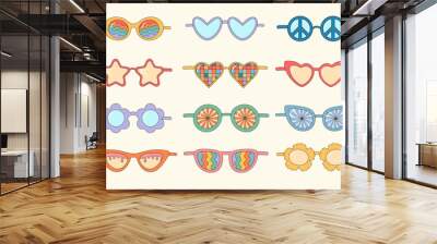 Groovy hippie sunglasses set. Cute retro psychedelic glasses. Linear color vector illustration. Wall mural