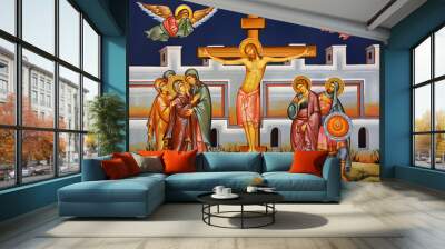 Galgofa. Illustration - fresco in Byzantine style depicting the scene of the crucifixion of Jesus Christ Wall mural