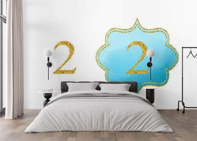 Golden Number 2. Bright scrapbook blue watercolor element on white background Wall mural