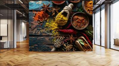 A lot of spices are scattered on the table view from above Wall mural