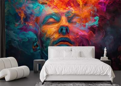 Abstract portrait of a woman with colorful paint splashes. National Mental Health Awareness Wall mural