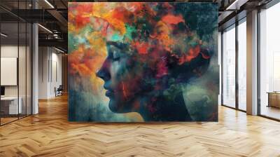 Abstract portrait of a woman with colorful paint splashes. National Mental Health Awareness Wall mural