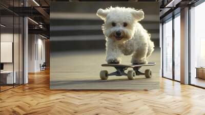 Adorable White Dog Skateboarding on Sunny Day Wall mural