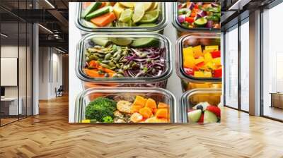 Assortment of colorful fresh vegetables and fruits in meal prep containers. Wall mural