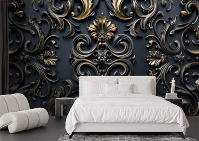 Baroque style 3D wallpaper design with gold and black floral patterns. Wall mural