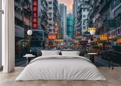 Busy street with neon signs and traffic. Wall mural