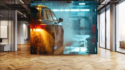 Car undergoing wash in automated carwash at night. Wall mural