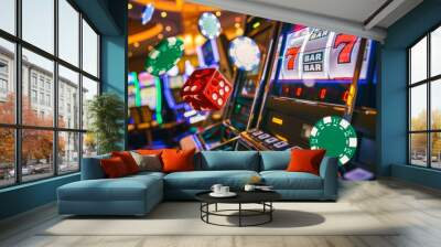 Casino Fun with Slot Machines and Dice in Vivid Color Wall mural