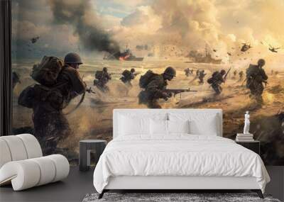 D-Day Normandy Invasion concept art with soldiers landing on beach and warships in background Wall mural