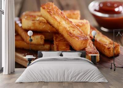 Delicious Barbecue Glazed Halloumi Sticks on Wooden Table. French Toast Sticks Wall mural