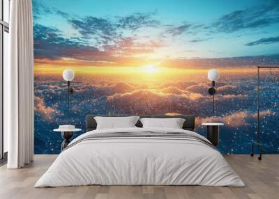 Digital Network Over Cloudscape at Sunset Wall mural