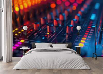 DJ mixer with colorful knobs and sliders. Night club music production equipment. Wall mural