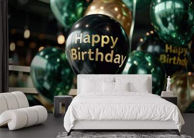 Elegant Black and Green Happy Birthday Balloons Wall mural