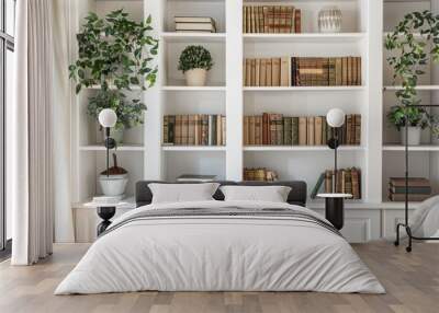 Elegant home library with white shelves full of books and potted plants. Wall mural