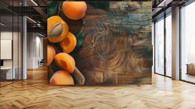 fresh apricots on rustic wooden background. top view food photography with natural light Wall mural