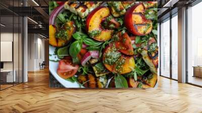 Fresh Grilled Peach Salad with Basil Pesto on Dark Background. Wall mural