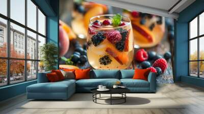 Glasses of fruit punch with mixed berries and peach slices on a wooden table. Wall mural