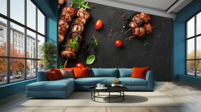 Grilled Chicken Skewers on Dark Slate Background with Spices Wall mural