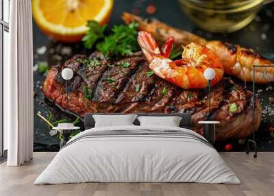 Grilled steak with shrimp on a black stone slab. Wall mural