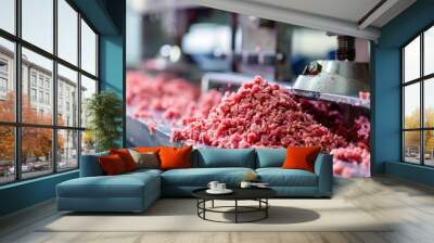 Ground meat processing on industrial conveyor belt. Wall mural