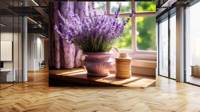 Lavender flowers on the window in a pot Wall mural