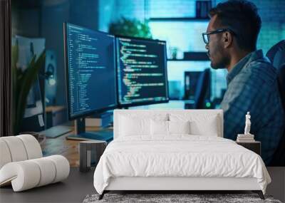 Male programmer coding in a dark room with dual monitors. Wall mural