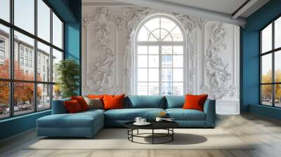 Ornate classical interior with large window and intricate stucco molding. Wall mural