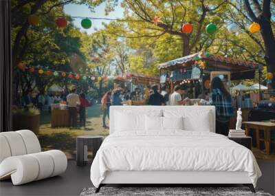 Outdoor food market with colorful lanterns and bustling crowd. Wall mural