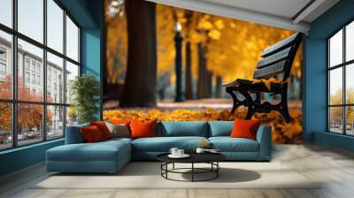 Park bench under autumn leaves Wall mural