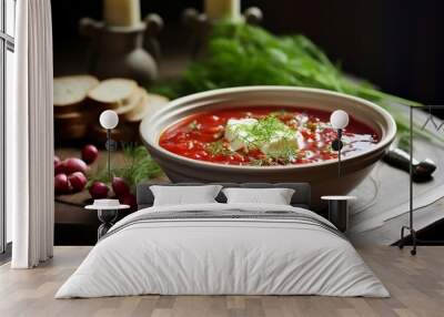 Red borscht with sour cream Wall mural