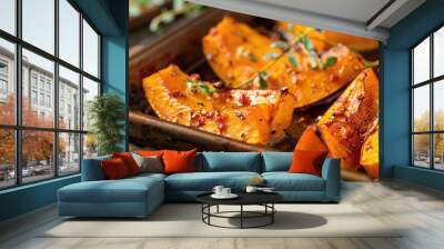 Roasted butternut squash halves with herbs. Close-up culinary photography. Wall mural