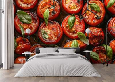 Roasted cherry tomatoes with basil and black pepper. Wall mural