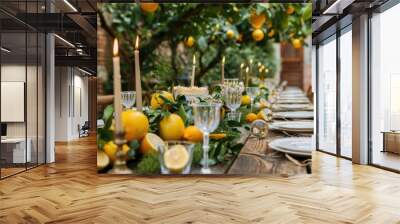 Table setting with lemons and greenery for a rustic garden party Wall mural