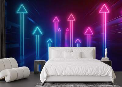 The neon arrows point upwards at an angle. The blue and pink arrows on a dark background Wall mural