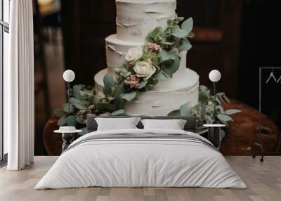 Three-tiered white wedding cake decorated with flowers and green eucalyptus leaves Wall mural