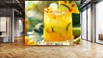 Tropical Pineapple Cocktail with Lime and Mango on Sunny Backdrop Wall mural