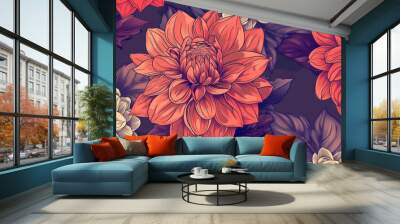 Vibrant Floral Pattern with Orange and Red Dahlia Blooms Wall mural