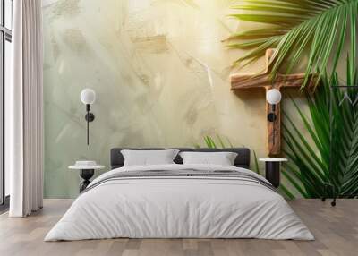 Wooden cross and palm leaf on textured background. Wall mural