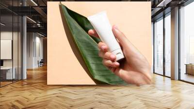 Hand hold natural cosmetic skincare blank tube packaging with green tropic leaf. Beauty and spa concept. Wall mural